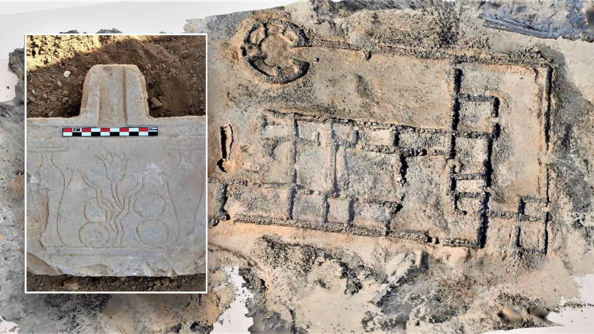 Split image of artifact and aerial of site