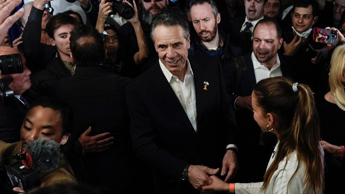 Former Gov. Andrew Cuomo speaks with supporters at the New York City District Council of Carpenters while campaigning for mayor, Sunday, March 2, 2025.