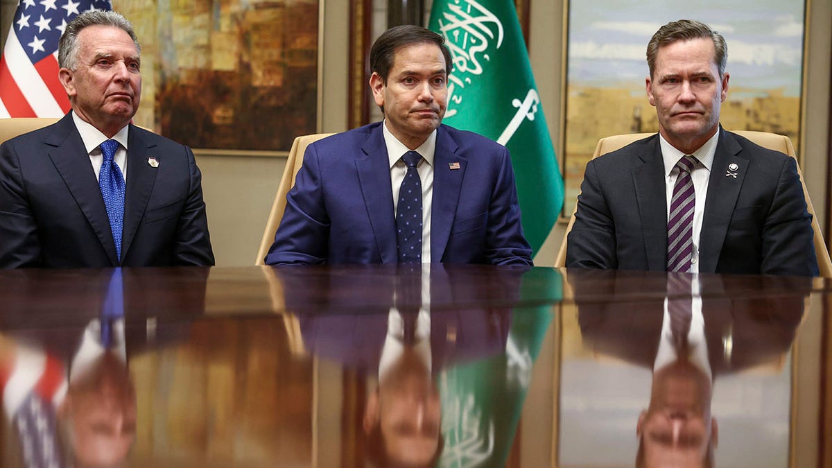 Witkoff, Rubio and Waltz at table in Saudi Arabia during talks with Russian counterparts