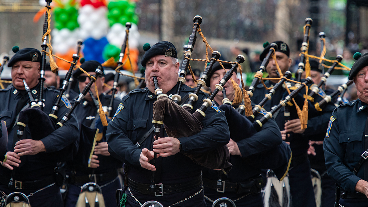 Boston Police Gaelic Pipe and Drum Stick Parade March 16, 2025 in Boston Vacation Day Parade.