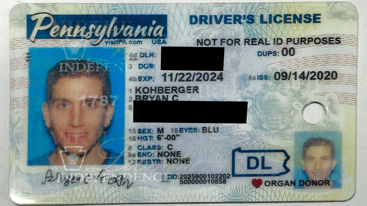 A Pennsylvania driver's license for Bryan Kohberger