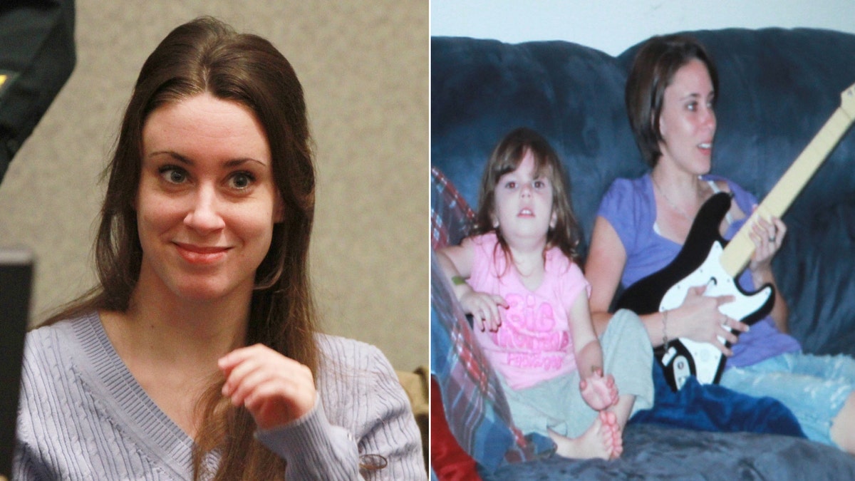 A split image of Casey Anthony in court in 2011 and Casey sitting on a couch with her daughter, Caylee, before Caylee's murder.