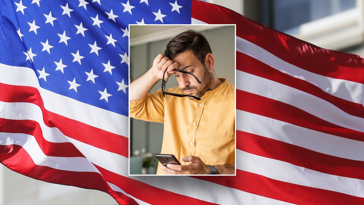 Split image of American flag, sad man