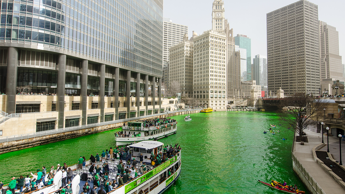 View of the Chicago River during the annual St. Patrick's Day celebration in Chicago on March 15, 2025.