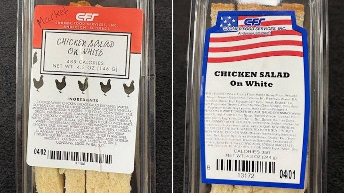 On the left is the packaging for the Chicken Salad on White sandwich from Cromer Food Services sold in markets. On the right is the packaging for the same sandwich sold in vending machines.