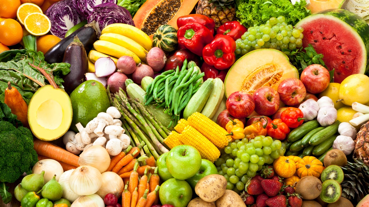An assortment of colorful fruits and vegetables.