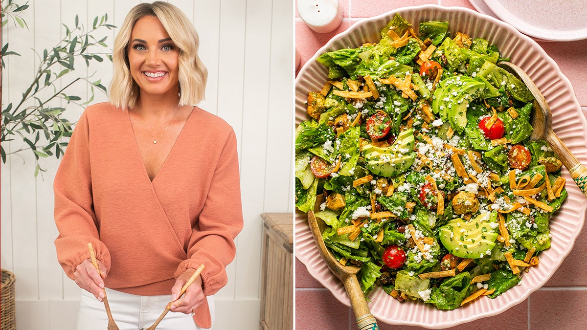 Danielle Lima, left, holds salad tongs. Her zesty chicken salad with cilantro vinaigrette is shown at right.