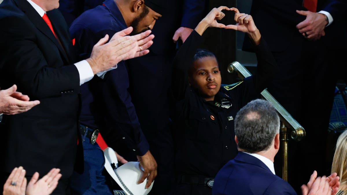 Washington, DC - March 4: Devarjaye "DJ" Daniel is recognized by President Donald Trump as he addresses a joint session of Congress in the Capitol building's House chamber in Washington, D.C., on March 4, 2025. (Photo by Tom Brenner for The Washington Post via Getty Images)