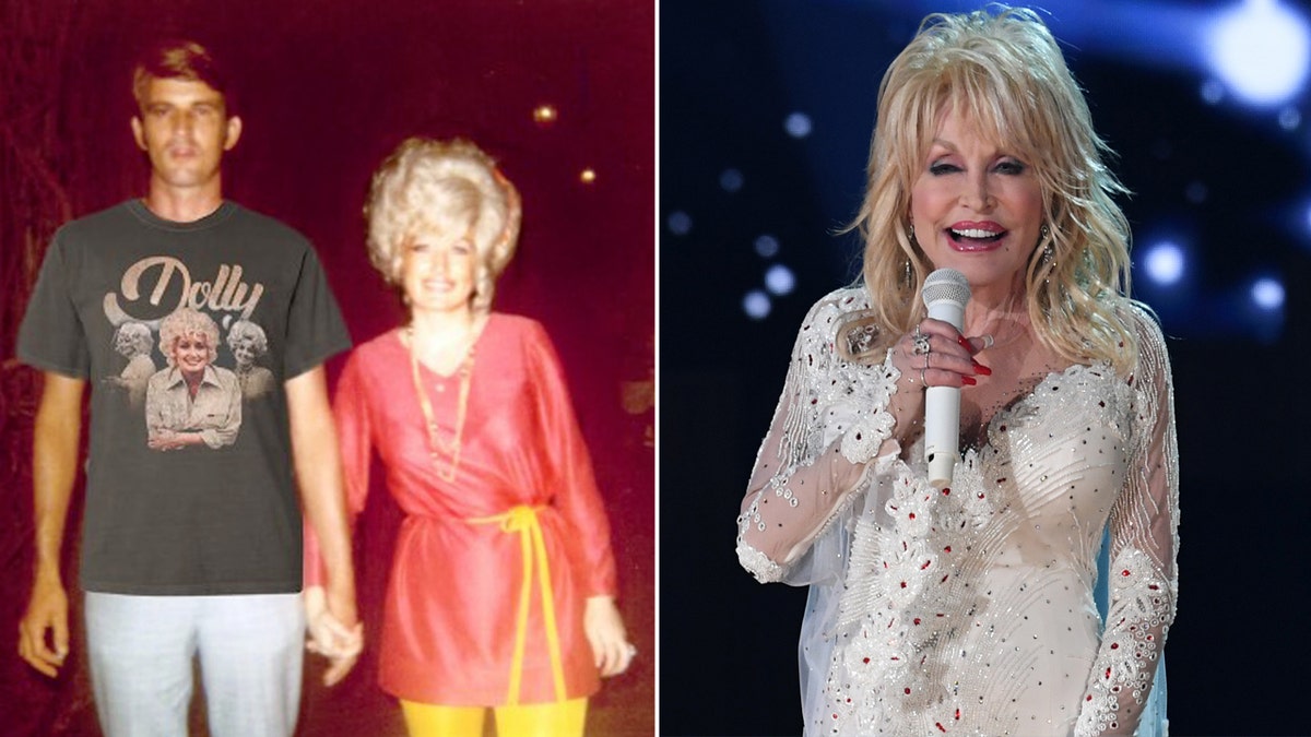 throwback photo of dolly parton and husband carl dean wearing a dolly shirt/dolly performing