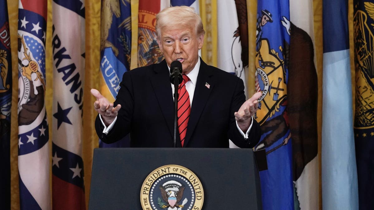 President Donald Trump speaks at an education event and executive order signing in the East Room of the White House in Washington, Thursday, March 20, 2025. 