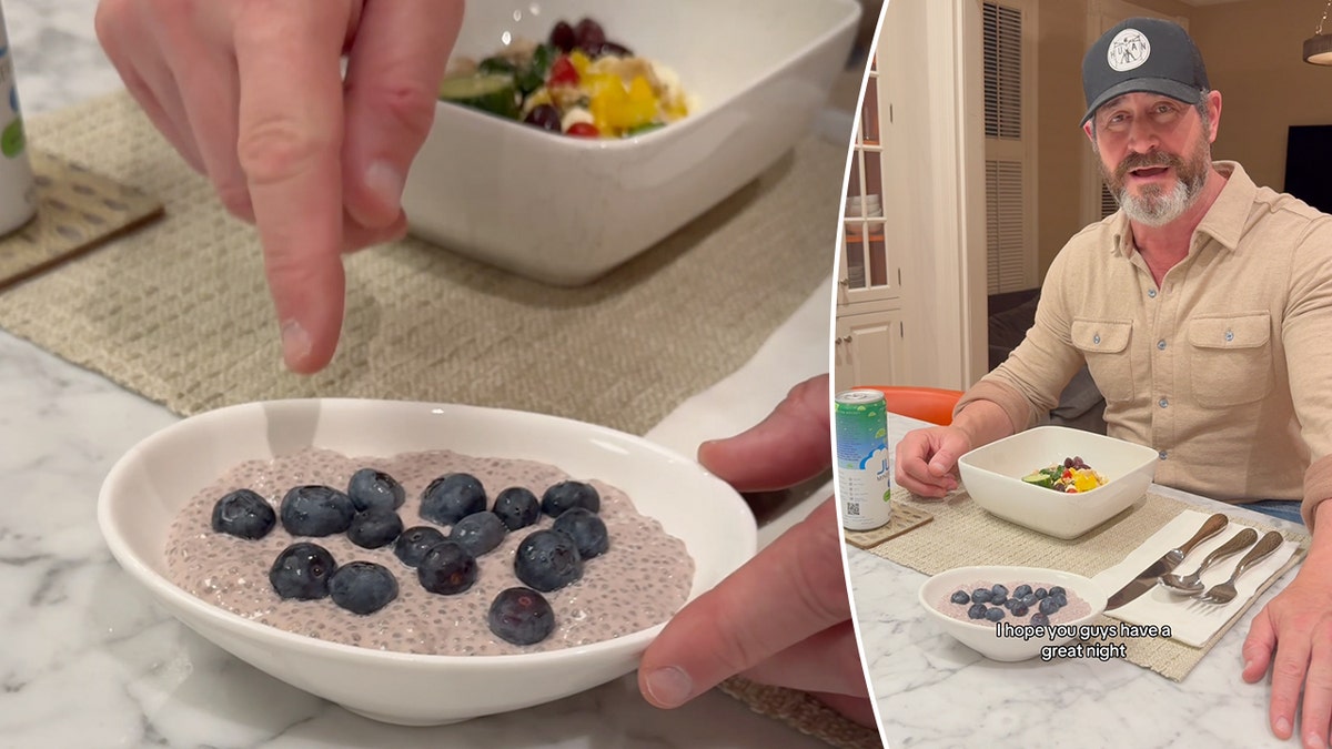 Dr. Jeremy Londons points to the blueberries he used as a topping on his protein pudding, left. London is seen at the dinner table in one of his social media videos, right.