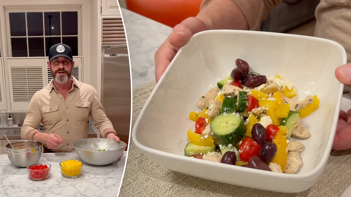 Dr. Jeremy London stands with the ingredients he's using to make a Greek-inspired chicken salad, left. He holds a close-up look at his finished salad, right.