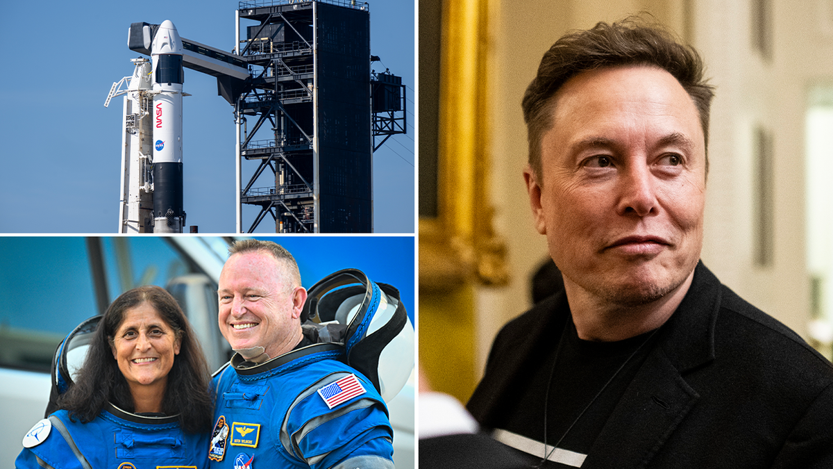 SpaceX vessel at laucnh site (Top left) Astronauts in blue flight gear (Bottom left) Elon Musk (Right)