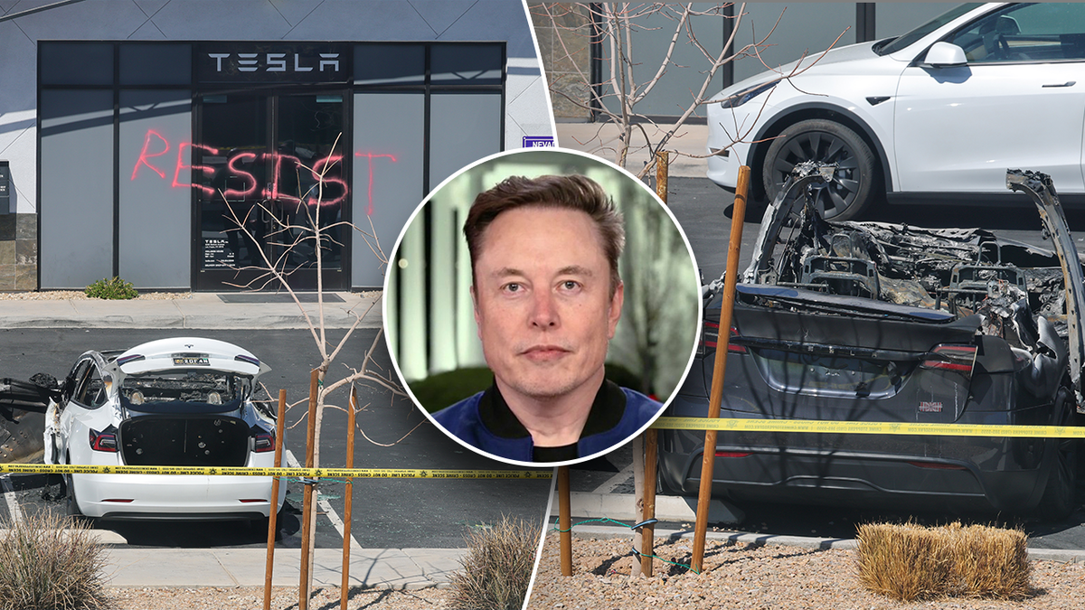 'Resist' is graffitied on a Tesla store (left) Elon Musk (Center) The charred remains of a black Tesla vehicle