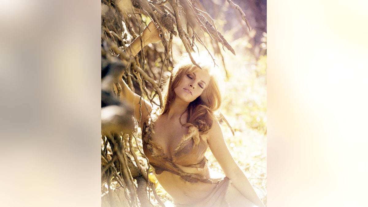 Raquel Welch posing for a glamour shot surrounded by trees wearing a fur bikini.