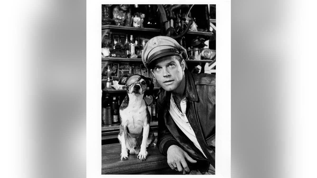 Stephen Collins in costume posing next to a dog with an eye patch.