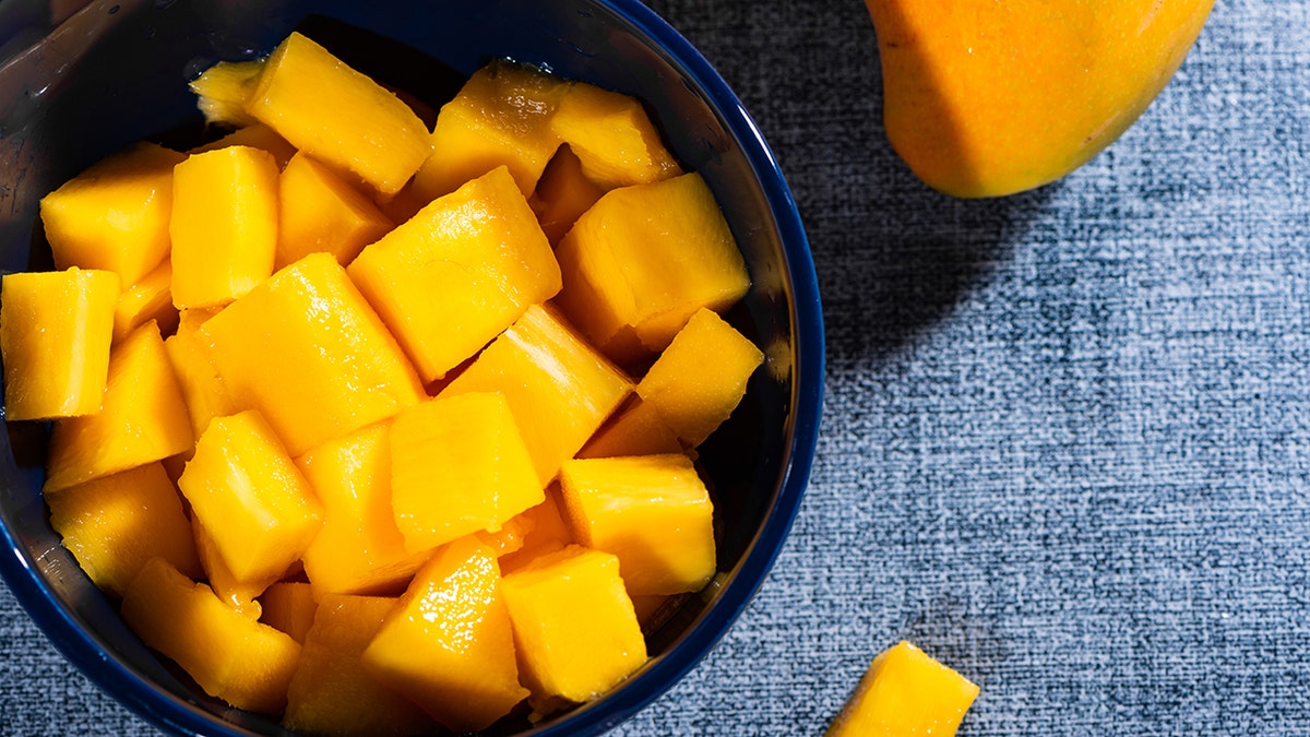 Mango cut up in bowl