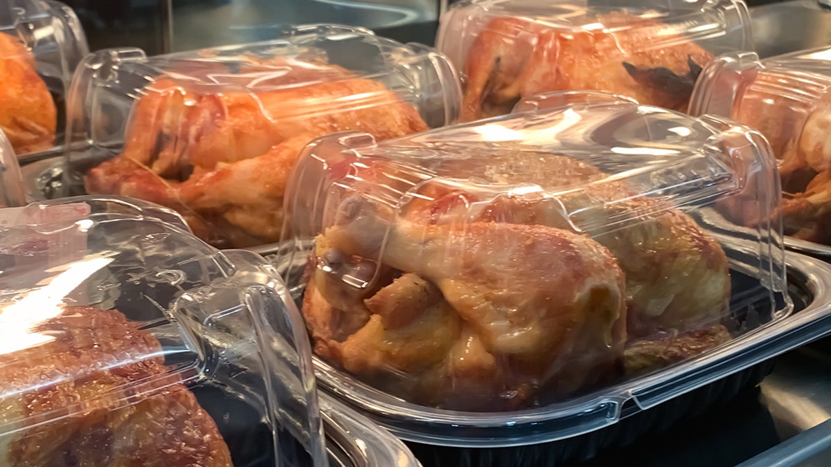 Rotisserie chicken in packaging at supermarket