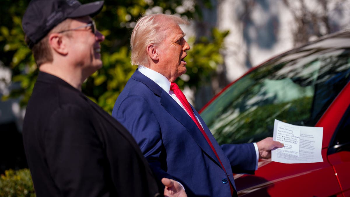 U.S. President Donald Trump, accompanied by White House Senior Advisor, Tesla and SpaceX CEO Elon Musk (L), speaks alongside a Tesla Model Y on the South Lawn of the White House on Mar. 11, 2025, in Washington, DC. Trump spoke out against calls for a boycott of Elon Musk's companies and said he would purchase a Tesla vehicle in what he calls a 'show of confidence and support' for Elon Musk.?