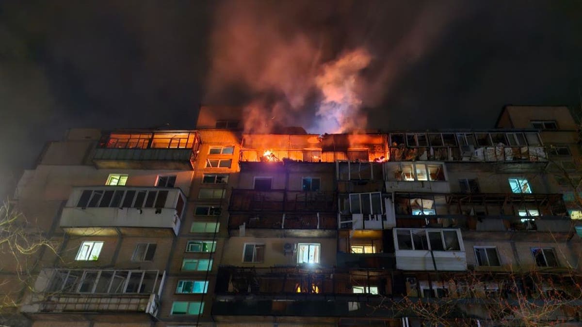 Kiev, Ukraine - March 23: The upper floor of a 9-storey residential building in Deniprovsky region was damaged by a Russian drone strike - a fire broke out in the apartment in Kiev, Ukraine on March 23, 2025. In the early morning, Russian troops attacked Kiev and OBLAST with Shahed drones, most of which were intercepted by Ukrainian air Chinese defense forces. However, debris from certain drones have damaged residential high-rise buildings, an office building and vehicles in at least five areas of the city. At least eight people were injured; three were killed, including a five-year-old child. (Roman Petushkov/Global Images Ukraine through Getty Images)