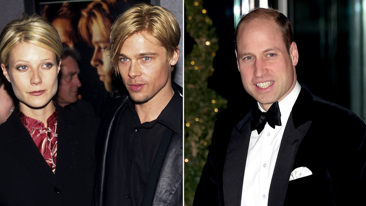 Gwyneth Paltrow and Brad Pitt with haircuts matching in the 90s side by side a photo of Prince William