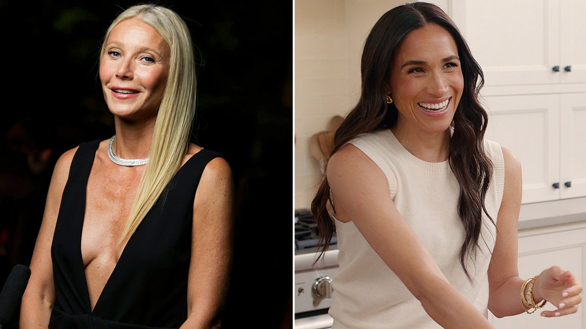 Gwyneth Paltrow in black side by side a photo of Meghan Markle in beige in her kitchen