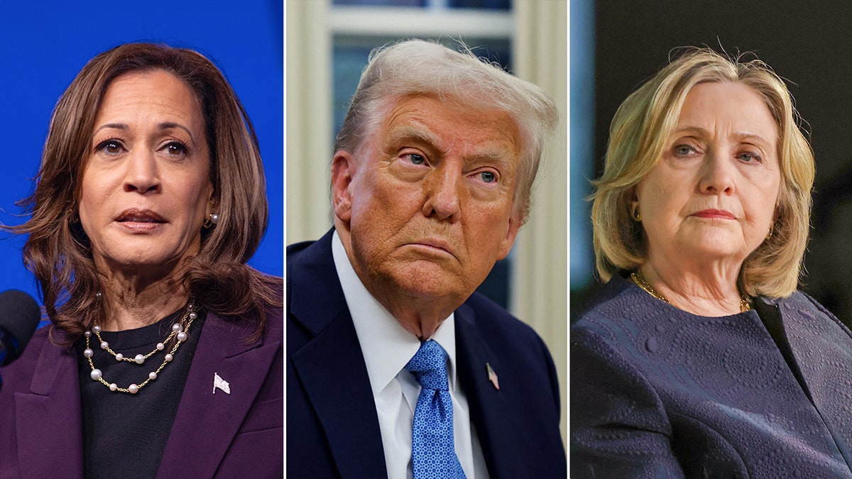 Images of former Vice President Kamala Harris, President Donald Trump and former Secretary of State Hillary Clinton