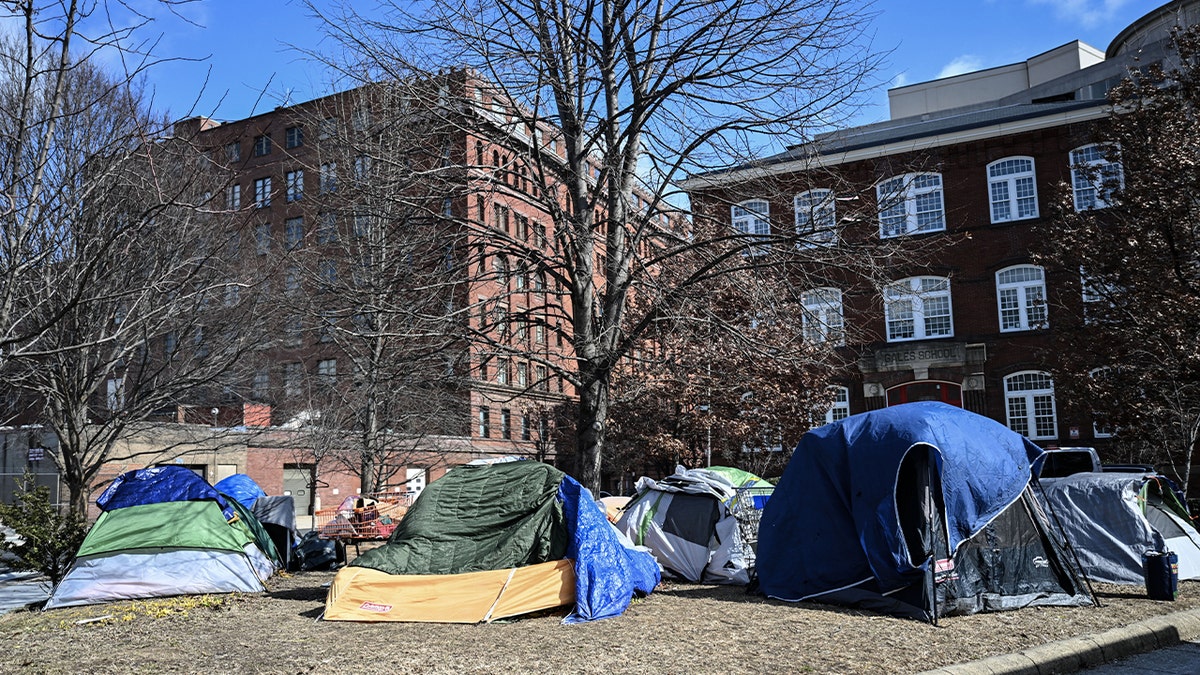 Homeless people live in tents on the sidewalk near the White House in Washington, D.C. on February 20, 2025.