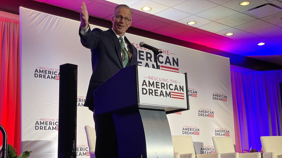 Senate Majority Leader John Thune is shown at the Rescuing the American Dream policy summit.