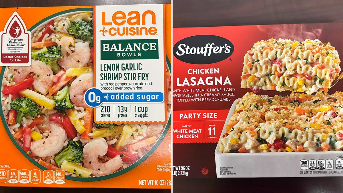 Lean Cuisine's Lemon Garlic Shrimp Stir Fry and Stouffer's Chicken Lasagna frozen meals are shown.