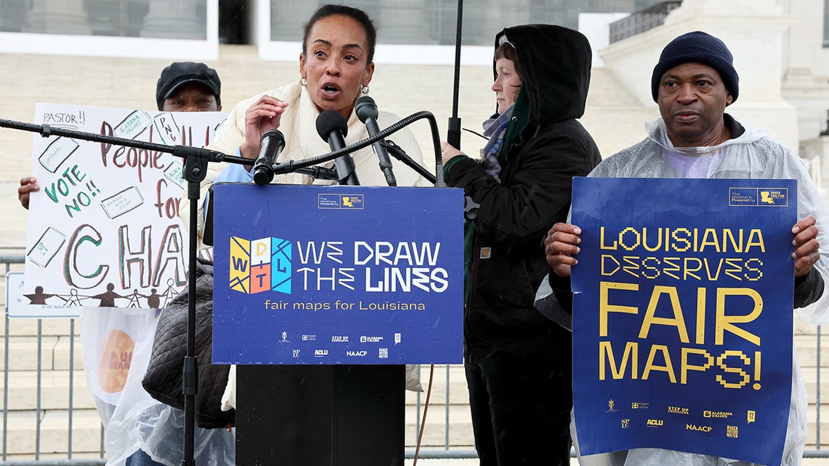 Black Louisiana voters and civil rights advocates protest outside the U.S. Supreme Court building