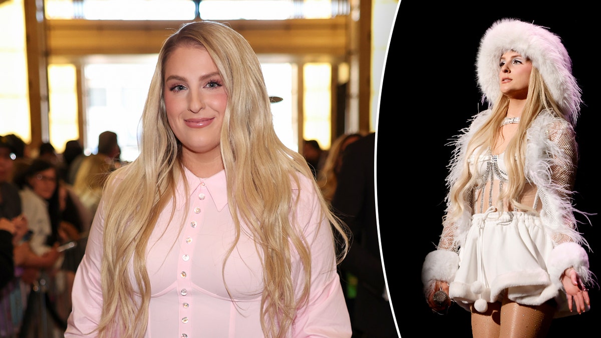 Meghan Trainor wore a pink shirt and a white dress at the concert.