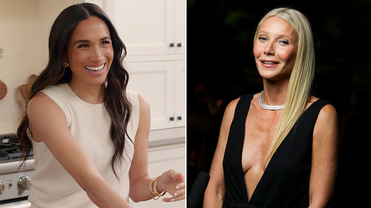 Beige Meghan Markle sopla el escote con Gwynes Paltrow con un vestido de lado negro en la cocina