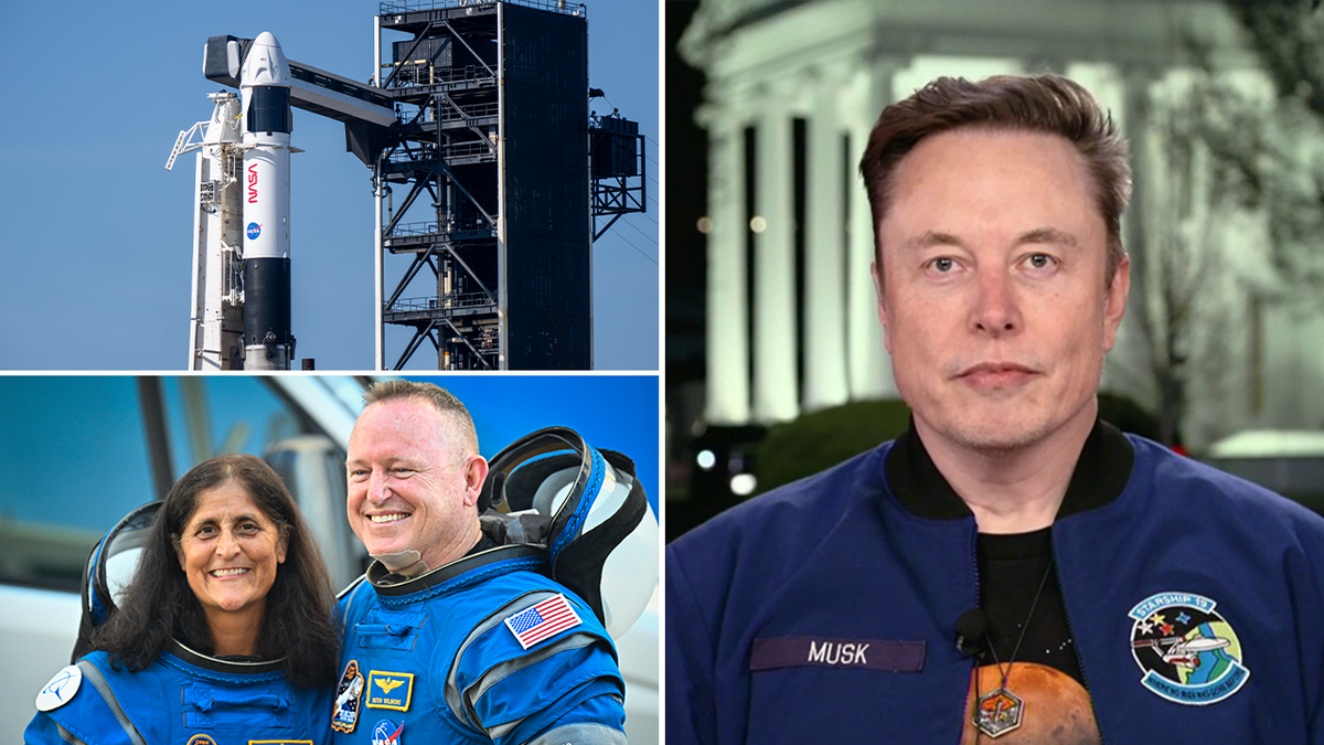 SPACEX ship at Laucnh (top left) astronauts in blue flights (lower left) Elon Musk (right)