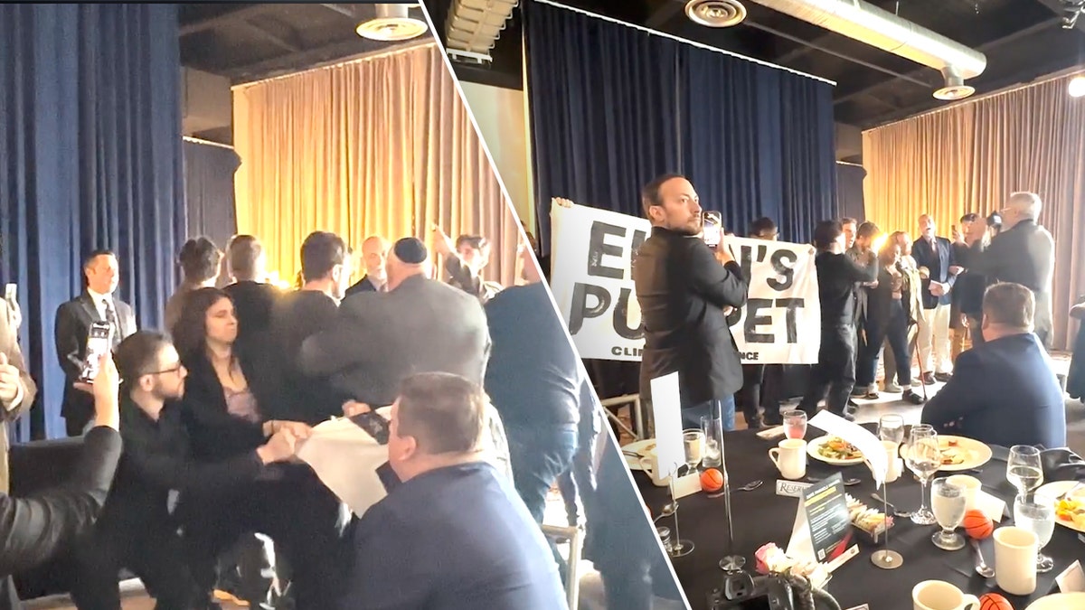 The protesters interrupted a private lunch organized by the Rockland Business Association.