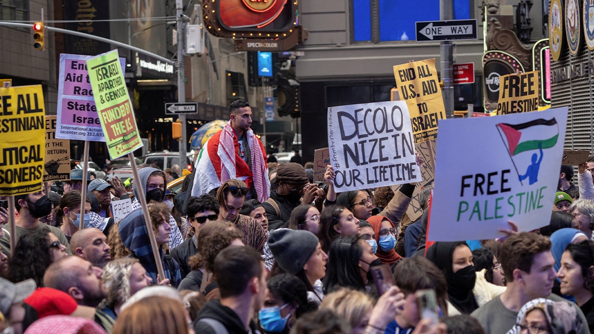 Pro-Palestinian protesters meet on Times Square on October 8, 2023