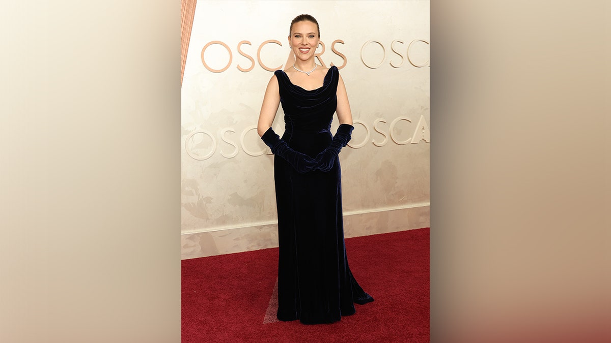 Scarlett Johansson wore a blue velvet dress to the Oscars.