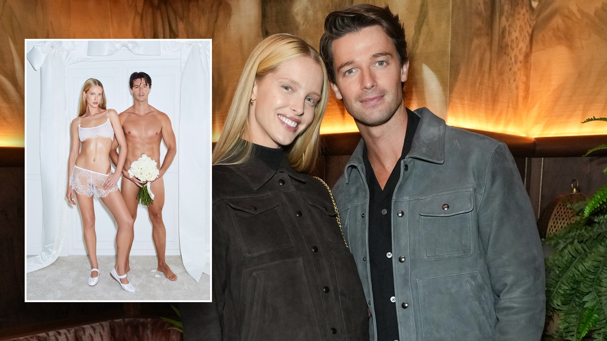 Patrick Schwarzenegger and his fiancé images from side to side, on a red carpet and in a skimsy ad