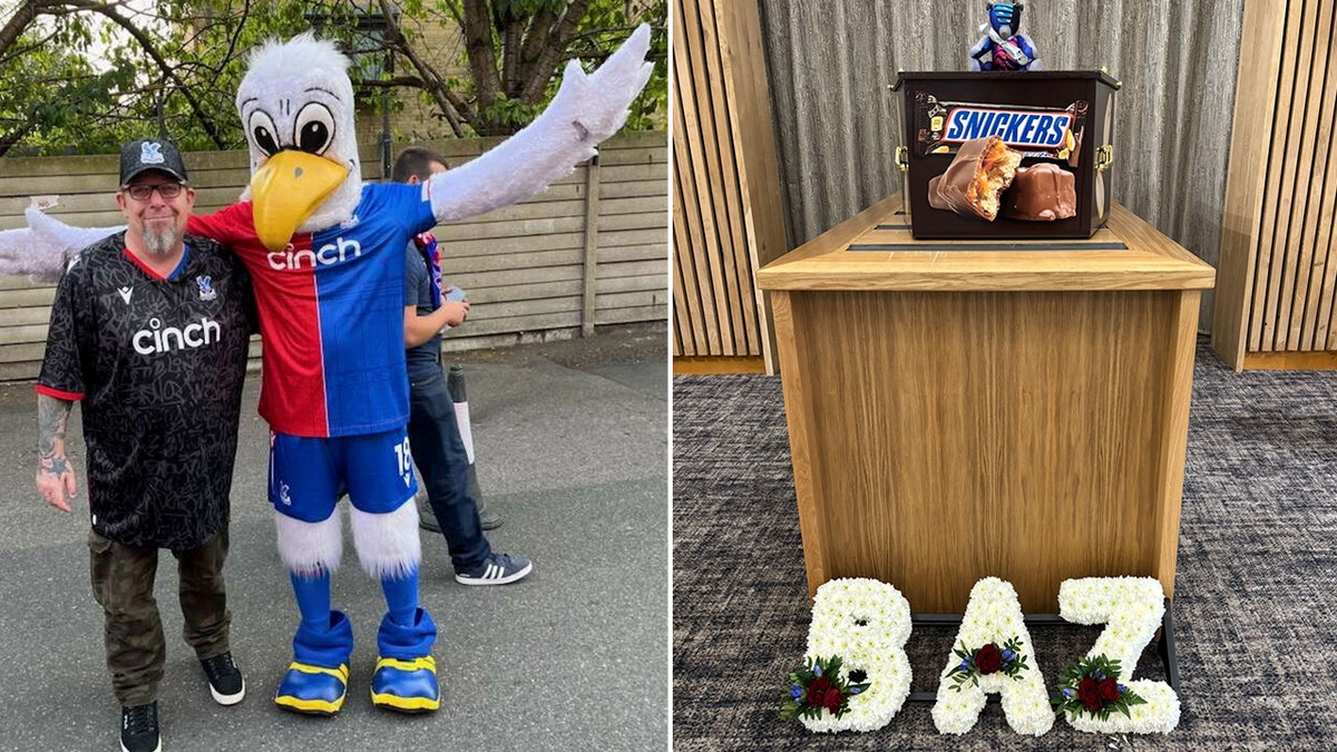 Paul Broome is pictured with the Crystal Palace F.C. mascot, Pete the Eagle, left. He was buried in a Snickers-themed coffin, right.