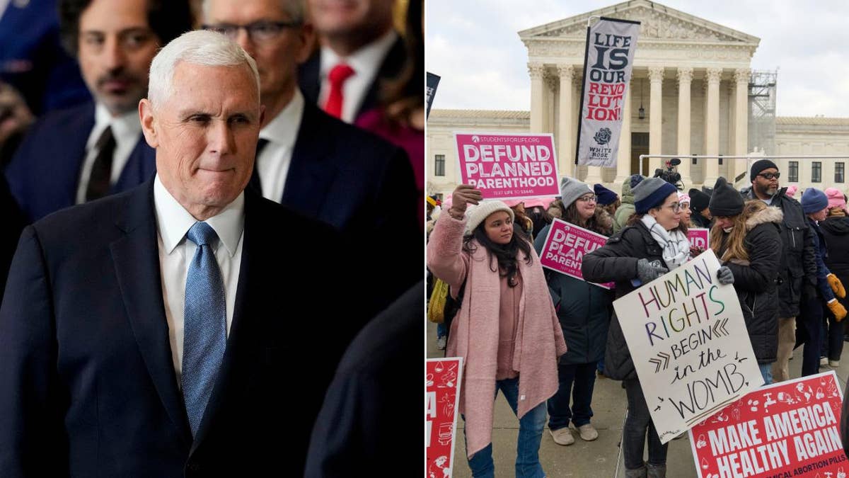 Former Vice President Mike Pence, left; yes, protesting outside the Supreme Court