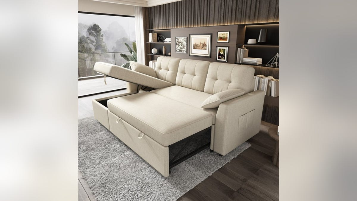 This couch doubles as a sofa bed and additional storage. 