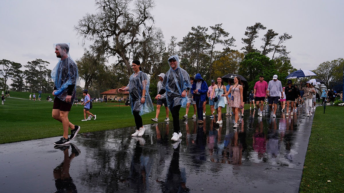 Golf fans walk in rain