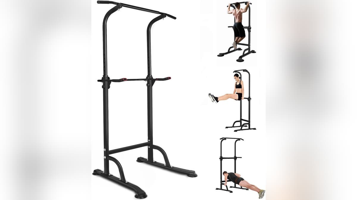 This freestanding pull-up bar dip station is a great option that accommodates all levels.