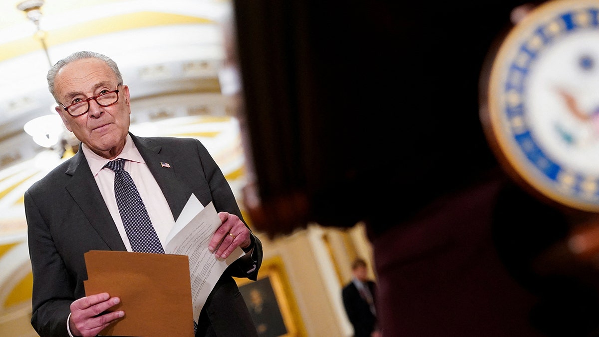 Senate Minority Leader Chuck Schumer stands on the day of the Senate Democrats' weekly policy lunch on Capitol Hill in Washington, Feb. 25, 2025. 