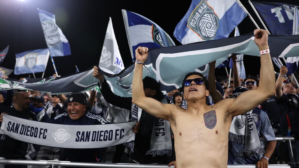 Fans cheer during a game between the San Diego FC and the St. Louis City at Snapdragon Stadium on March 01, 2025 in San Diego, California.?