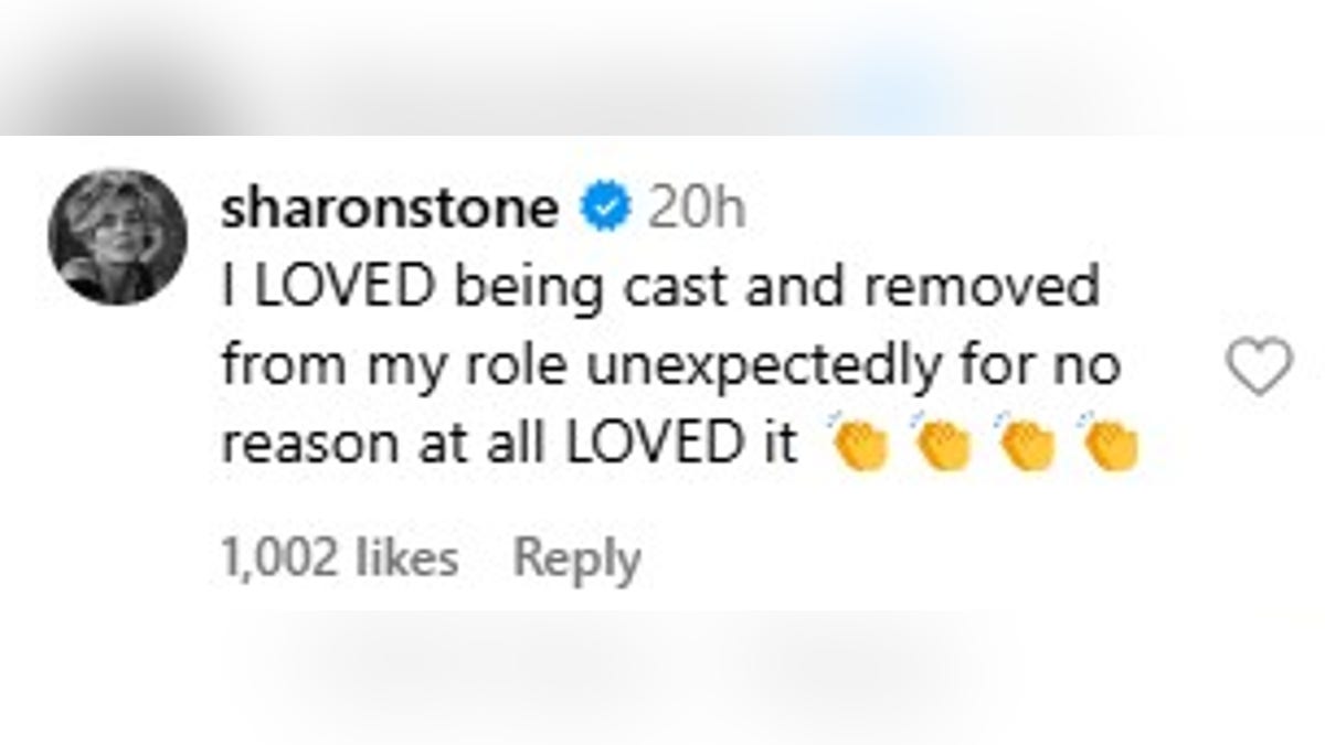 Sharon Stone's Instagram comments reading "I LOVED being cast and removed from my role unexpectedly for no reason at all LOVED it."