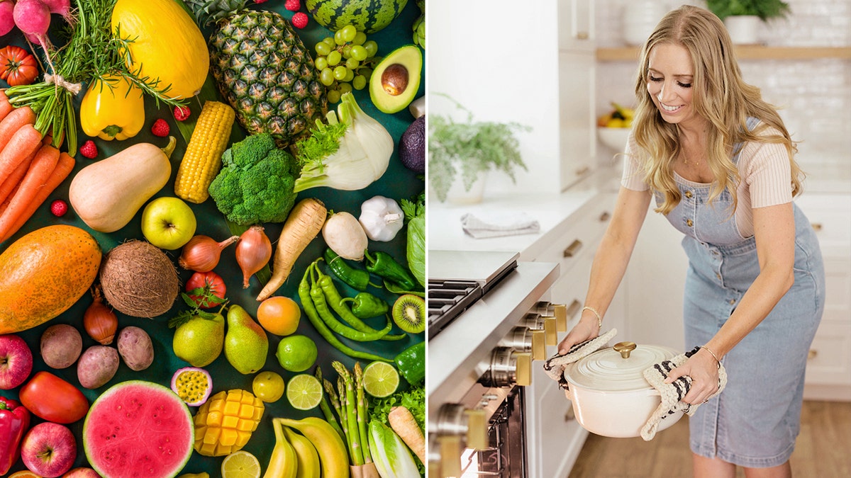 Exibir, frutas e legumes à esquerda. Shawa Holman coloca uma panela no forno.