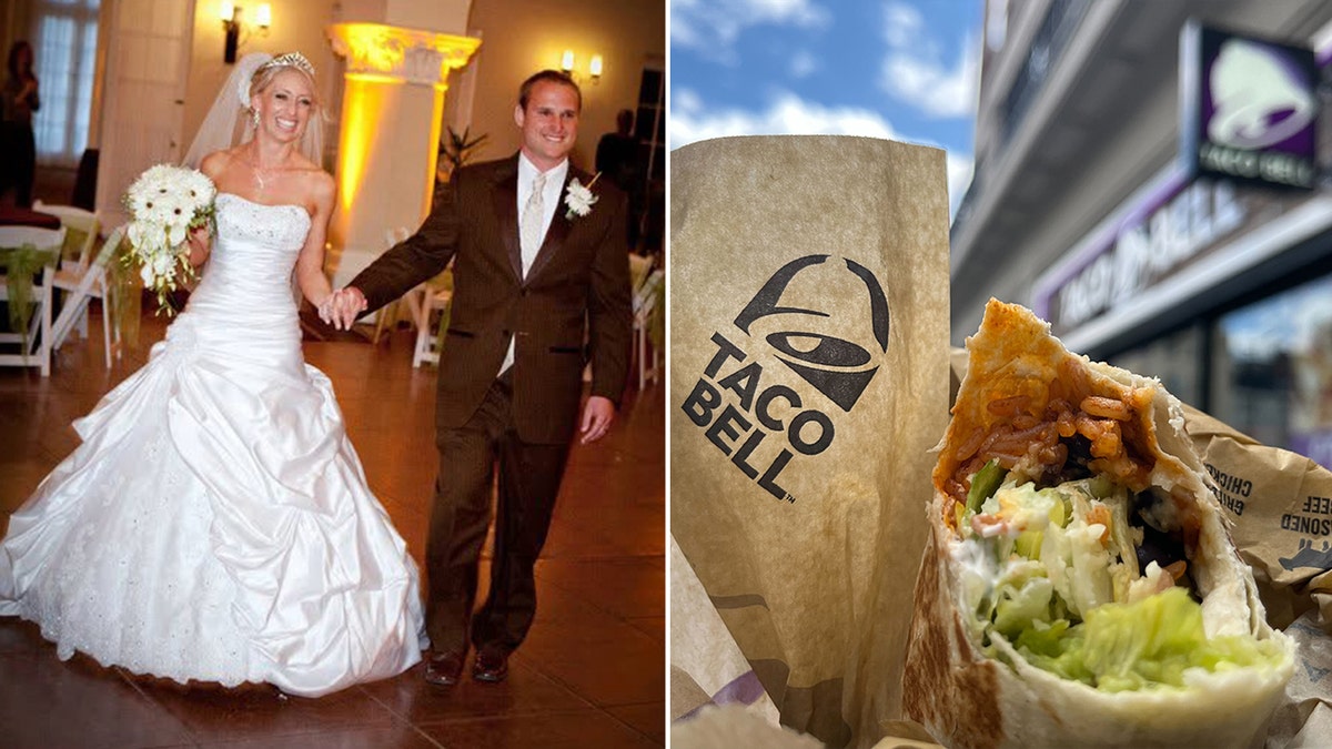 Shaona Holman e seu marido estão retratados no dia do casamento, à esquerda. É mostrado um supremo de taco bell crunchnap, certo.