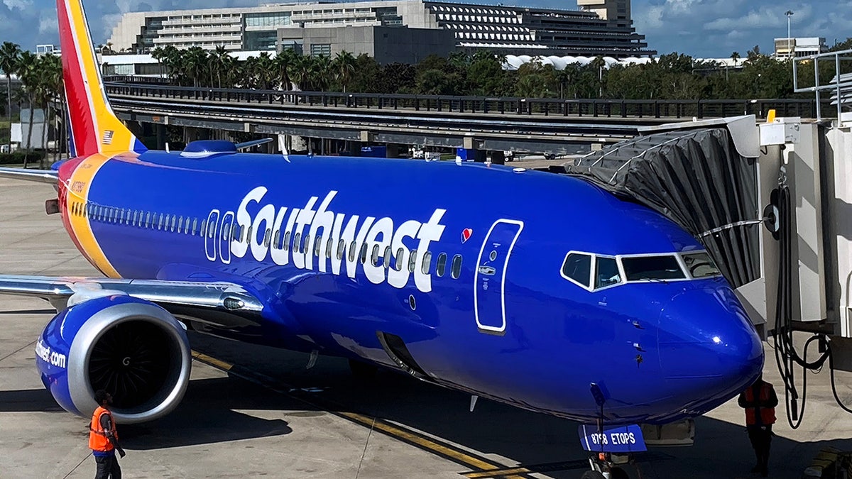 Southwest Airlines plane at the door of Orlando airport