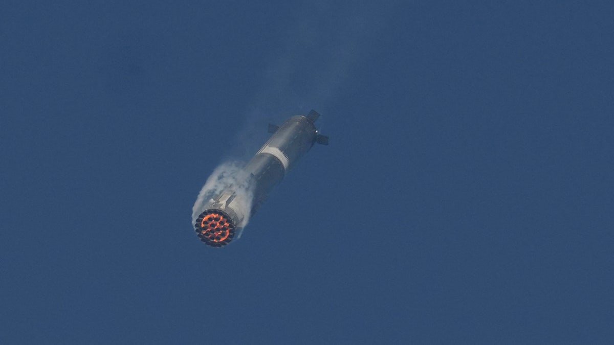 The booster of SpaceX's mega rocket Starship is recaptured during a test flight from Starbase in Boca Chica, Texas, Thursday, March 6, 2025.